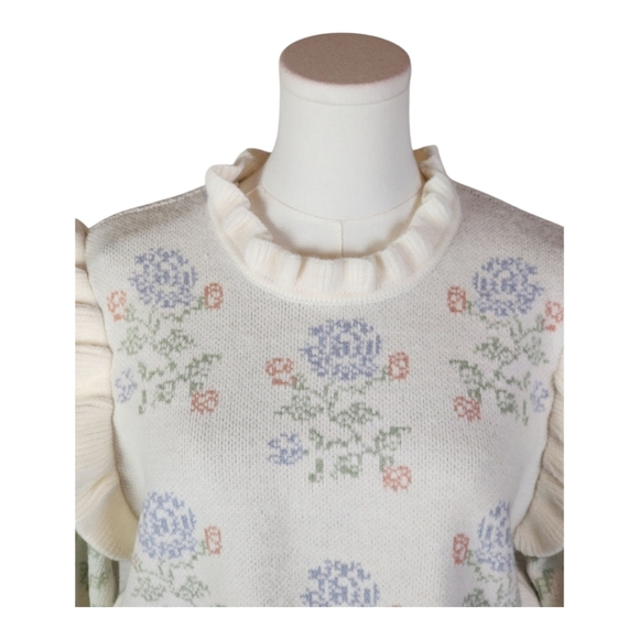 MABLE Floral Knit Ruffle Sweater Dress Puff Sleeves Cottagecore M - Picture 4 of 10